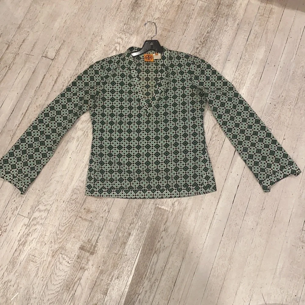 Tory Burch crop tunic logo print blouse side slit  size 6 GC - Picture 8 of 16